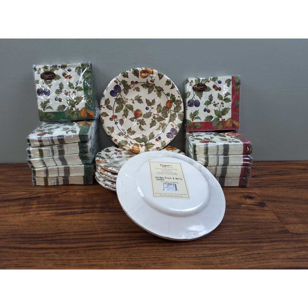 Caspari Golden Fruit & Holly Christmas 8" Plates Napkins Set 166pc Party Bulk